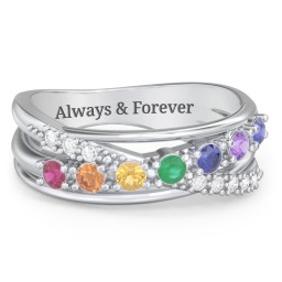 7 Stone Crossover Ring with Accents in 925 Sterling Silver with Ruby, Orange Sapphire, Citrine, Emerald, Blue Sapphire, and Amethyst