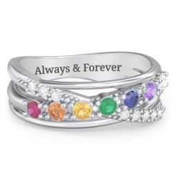 7 Stone Crossover Ring with Accents in 925 Sterling Silver with Ruby, Orange Sapphire, Citrine, Emerald, Blue Sapphire, Amethyst, and Diamond