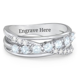 7 Stone Crossover Ring with Accents in 925 Sterling Silver with Aquamarine and Diamond