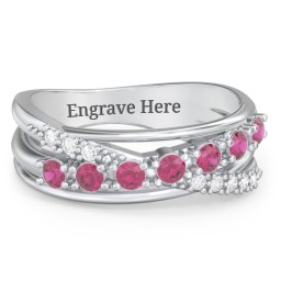 7 Stone Crossover Ring with Accents in 925 Sterling Silver with Ruby and White Premium Zirconia