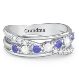 7 Stone Crossover Ring with Accents in 925 Sterling Silver with Blue Sapphire and Cubic Zirconia