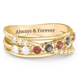 7 Stone Crossover Ring with Accents in 10K Solid Yellow Gold with Diamond, Garnet, Smokey Quartz, and White Premium Zirconia