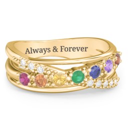 7 Stone Crossover Ring with Accents in 10K Solid Yellow Gold with Ruby, Orange Sapphire, Citrine, Emerald, Blue Sapphire, Amethyst, Garnet, and White Premium Zirconia