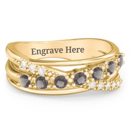 7 Stone Crossover Ring with Accents in 10K Solid Yellow Gold with Smokey Quartz and White Premium Zirconia