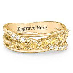 7 Stone Crossover Ring with Accents in 10K Solid Yellow Gold with Citrine and White Premium Zirconia