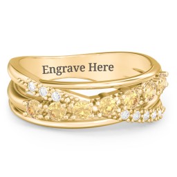 7 Stone Crossover Ring with Accents in 10K Solid Yellow Gold with Citrine and White Premium Zirconia