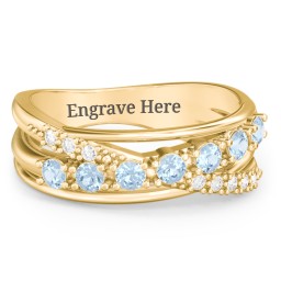 7 Stone Crossover Ring with Accents in 10K Solid Yellow Gold with Blue Topaz and White Premium Zirconia
