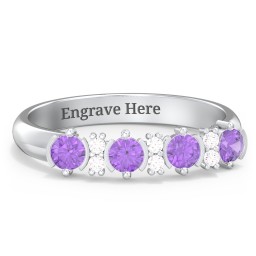 4 Stone Semi-Bezel Ring with Accents in 925 Sterling Silver with Amethyst and White Premium Zirconia