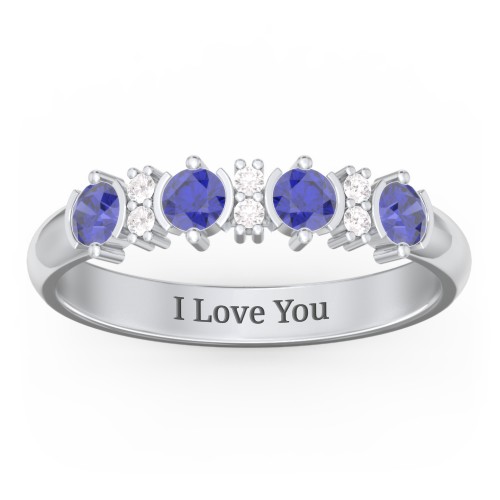 4 Stone Semi-Bezel Ring with Accents – Sterling Silver with Blue Sapphire and White Premium Zirconia