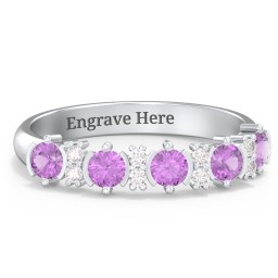5 Stone Semi-Bezel Ring with Accents in 925 Sterling Silver with Amethyst and White Premium Zirconia