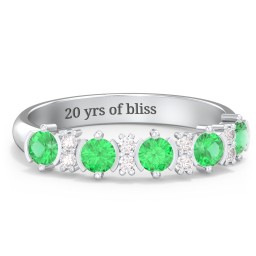5 Stone Semi-Bezel Ring with Accents in 925 Sterling Silver with Emerald and White Premium Zirconia