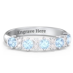 5 Stone Semi-Bezel Ring with Accents in 925 Sterling Silver with Blue Topaz and White Premium Zirconia