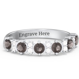 6 Stone Semi-Bezel Ring with Accents in 925 Sterling Silver with Smokey Quartz and White Premium Zirconia