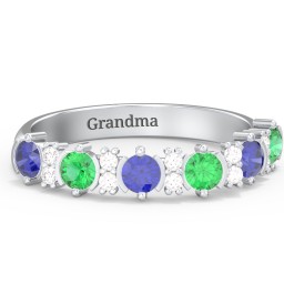 6 Stone Semi-Bezel Ring with Accents in 925 Sterling Silver with Blue Sapphire, Emerald, and White Premium Zirconia