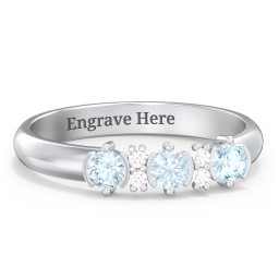 3 Stone Semi-Bezel Ring with Accents in 925 Sterling Silver with Aquamarine and White Premium Zirconia