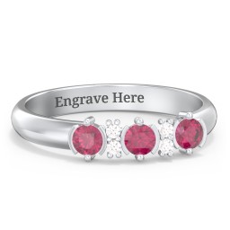 3 Stone Semi-Bezel Ring with Accents in 925 Sterling Silver with Ruby and White Premium Zirconia