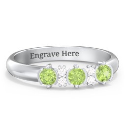 3 Stone Semi-Bezel Ring with Accents in 925 Sterling Silver with Peridot and White Premium Zirconia