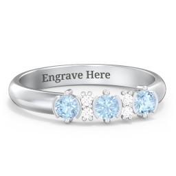 3 Stone Semi-Bezel Ring with Accents in 925 Sterling Silver with Blue Topaz and White Premium Zirconia