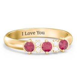 3 Stone Semi-Bezel Ring with Accents in 10K Solid Yellow Gold with Ruby and White Premium Zirconia