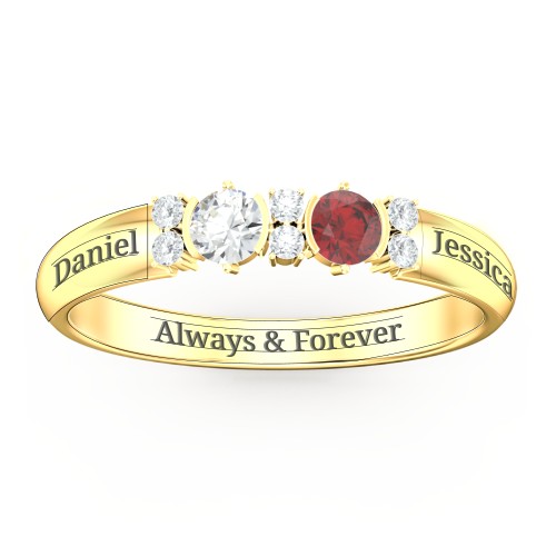 Twin Circular Half Bezel Twin Accent Ring – 10K Yellow Gold with Cubic Zirconia, Garnet, and White Premium Zirconia