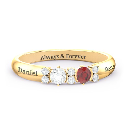 Twin Circular Half Bezel Twin Accent Ring – 14K Yellow Gold with Cubic Zirconia, Garnet, and White Premium Zirconia