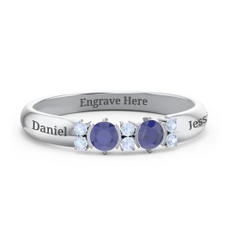 Twin Circular Half Bezel Twin Accent Ring in 925 Sterling Silver with Blue Sapphire and Fancy Blue Premium Zirconia