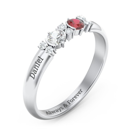Twin Circular Half Bezel Twin Accent Ring – Sterling Silver with Cubic Zirconia, Garnet, and White Premium Zirconia
