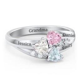 Heart Cluster Ring with Accents in 925 Sterling Silver with Cubic Zirconia, Pink Tourmaline, and Aquamarine