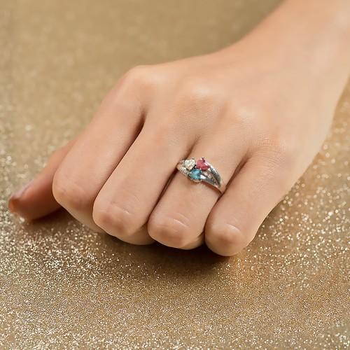 Heart Cluster Ring with Accents – 10K Yellow Gold with Cubic Zirconia, Pink Tourmaline, and Aquamarine