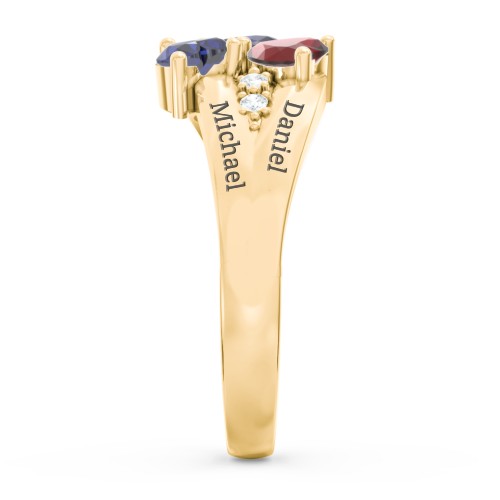 Heart Cluster Ring with Accents – 10K Yellow Gold with Blue Sapphire, Garnet, and Cubic Zirconia