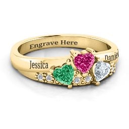 Tripartite Heart Gemstone Ring with Accents in 10K Solid Yellow Gold with Emerald, Ruby, and Cubic Zirconia