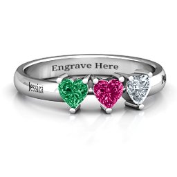 Triple Heart Stone Ring in 925 Sterling Silver with Emerald, Ruby, and Cubic Zirconia
