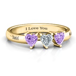 Triple Heart Stone Ring in 10K Solid Yellow Gold with Amethyst and Cubic Zirconia