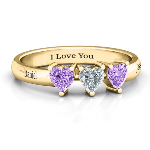 Triple Heart Stone Ring – 10K Yellow Gold with Amethyst and Cubic Zirconia