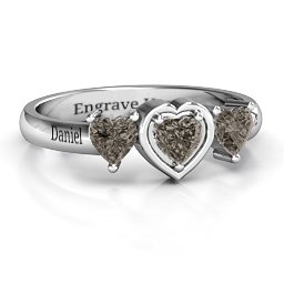 Heart Stone with Twin Heart Accents Ring in 925 Sterling Silver with Smokey Quartz