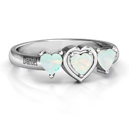 Heart Stone with Twin Heart Accents Ring in 925 Sterling Silver with Opal