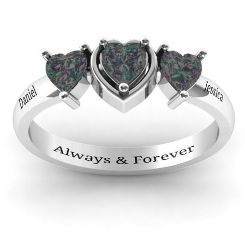 Heart Stone with Twin Heart Accents Ring – Sterling Silver with Alexandrite