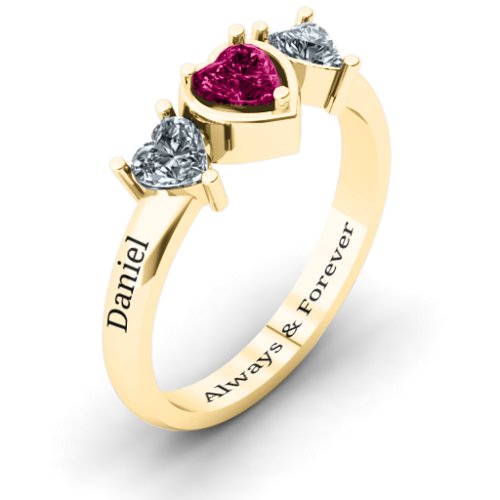 Heart Stone with Twin Heart Accents Ring – 10K Yellow Gold with Ruby and Cubic Zirconia