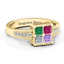 Vintage Princess Cut Ring with Shoulder Accents in 10K Solid Yellow Gold with Emerald, Ruby, Cubic Zirconia, and Amethyst