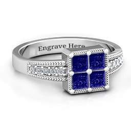 Vintage Princess Cut Ring with Shoulder Accents in 925 Sterling Silver with Blue Sapphire