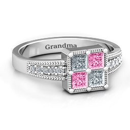 Vintage Princess Cut Ring with Shoulder Accents in 925 Sterling Silver with Cubic Zirconia and Pink Tourmaline