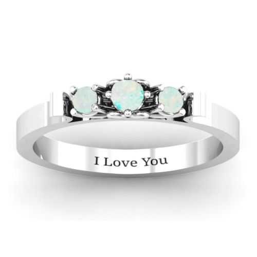 3-Stone Ring with Heart Gallery – Sterling Silver with Opal
