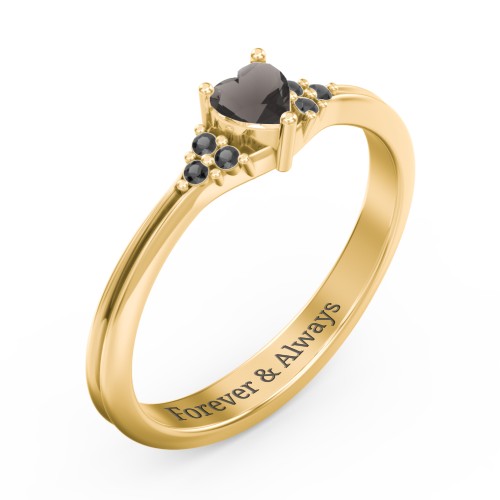 Narrow Heart Ring with Shoulder Accents – 18K Gold Plated Silver with Smokey Quartz and Black Premium Zirconia