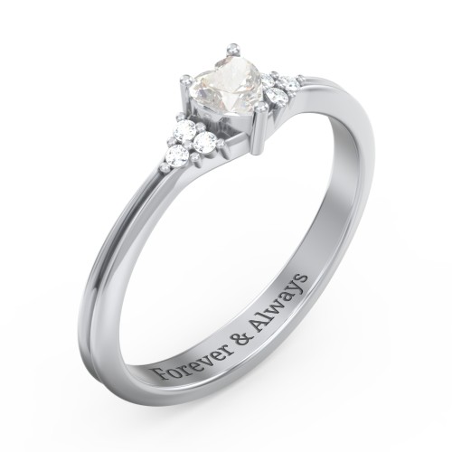 Narrow Heart Ring with Shoulder Accents – Sterling Silver with Cubic Zirconia and White Premium Zirconia