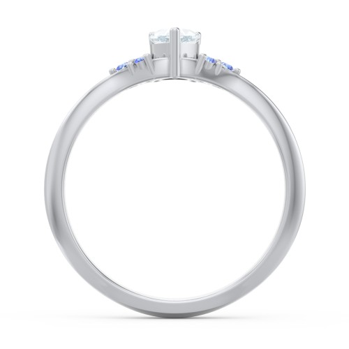 Narrow Heart Ring with Shoulder Accents – Sterling Silver with Aquamarine and Fancy Blue Premium Zirconia