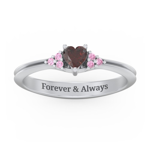 Narrow Heart Ring with Shoulder Accents – Sterling Silver with Garnet and Red Premium Zirconia