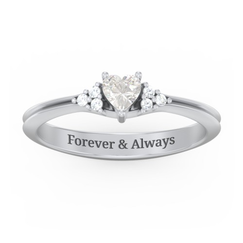 Narrow Heart Ring with Shoulder Accents – Sterling Silver with Cubic Zirconia and White Premium Zirconia