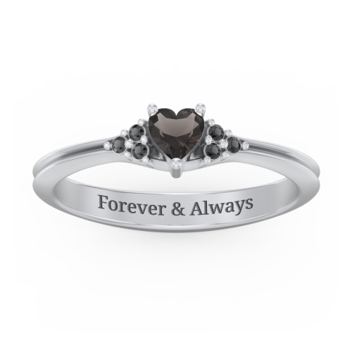Narrow Heart Ring with Shoulder Accents – Sterling Silver with Smokey Quartz and Black Premium Zirconia