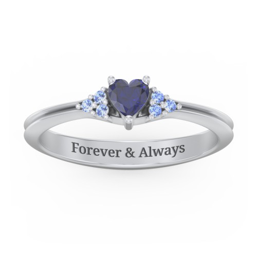 Narrow Heart Ring with Shoulder Accents – Sterling Silver with Blue Sapphire and Fancy Blue Premium Zirconia