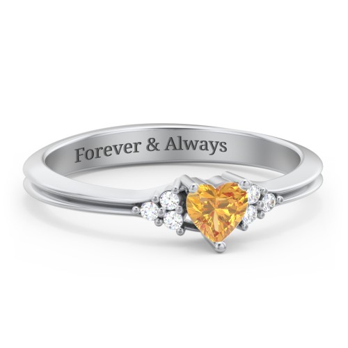 Narrow Heart Ring with Shoulder Accents – Sterling Silver with Citrine and Diamond